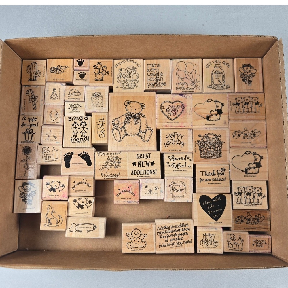 Vintage 1990s Stampin Up Wood Mounted Rubber Stamps Large Lot 50+ Retired